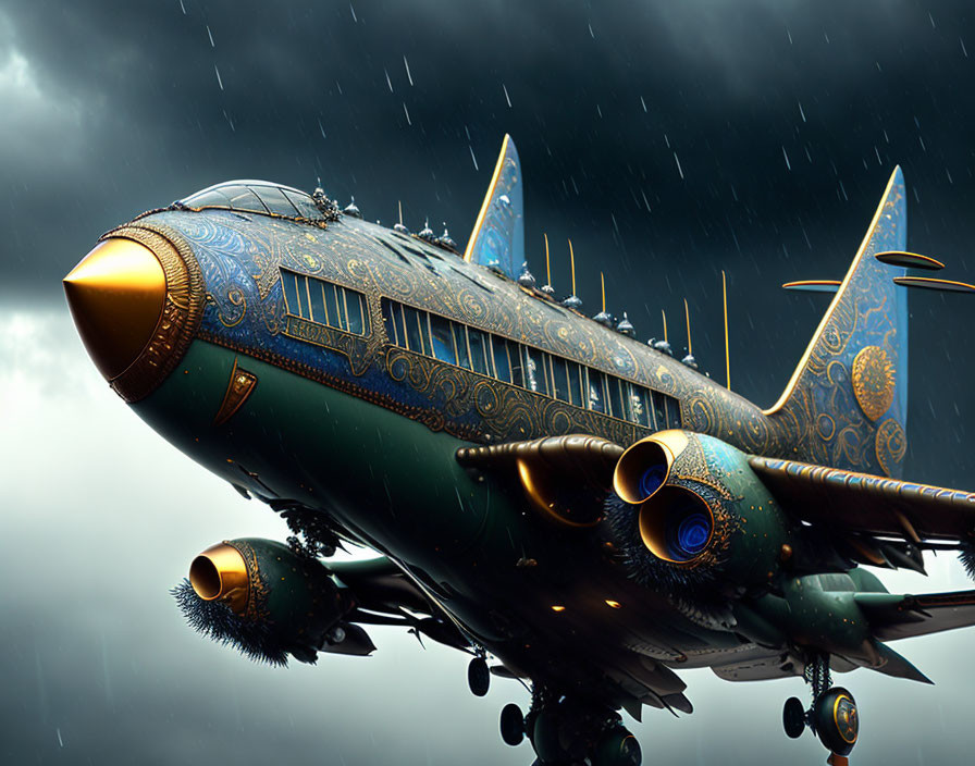 Steampunk-style airplane with intricate designs flying in rain clouds