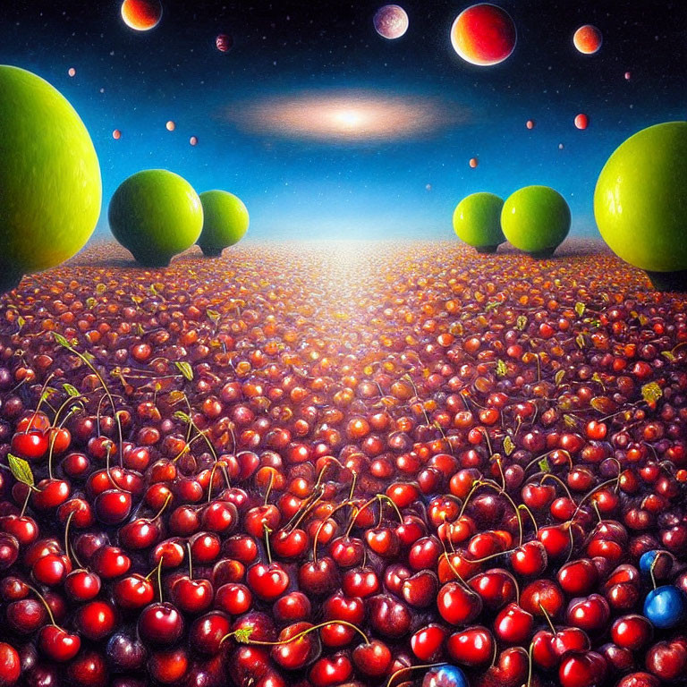 Surreal landscape with cherry ocean, cosmic sky, green apples, and planets
