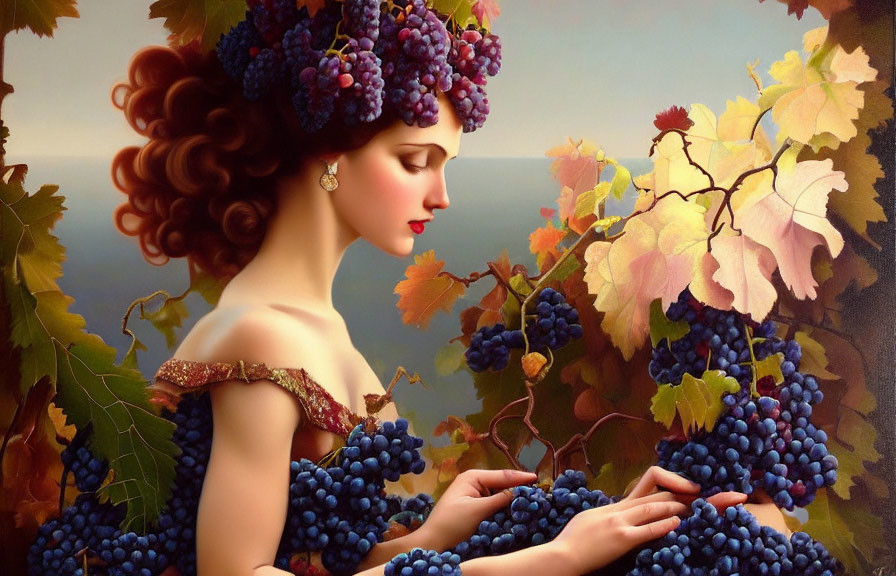 Woman with Grape Headdress Surrounded by Vines in Autumn Setting