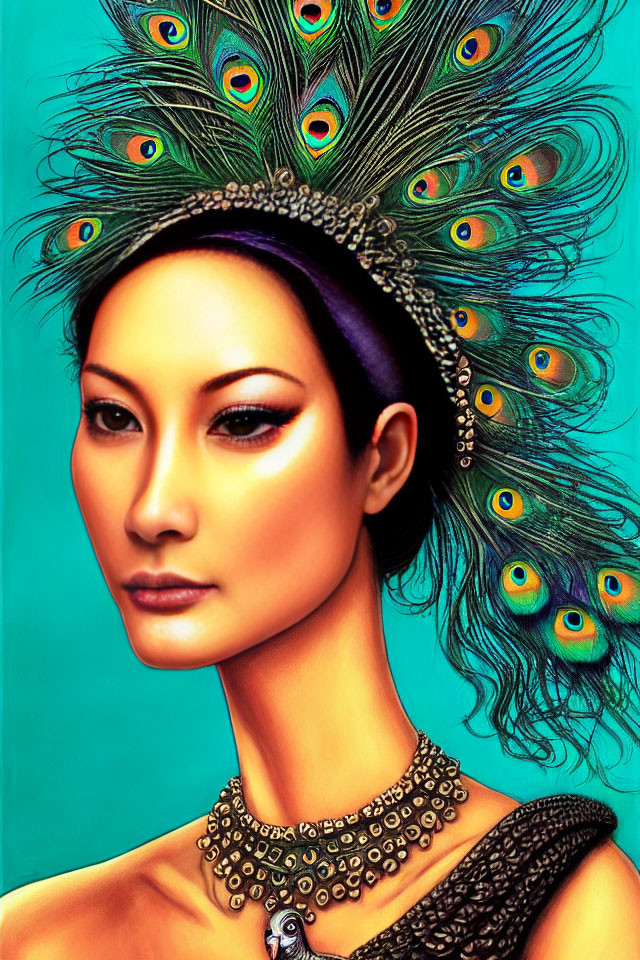 Detailed illustration of woman with peacock feathers, striking makeup, and ornate necklace on teal background