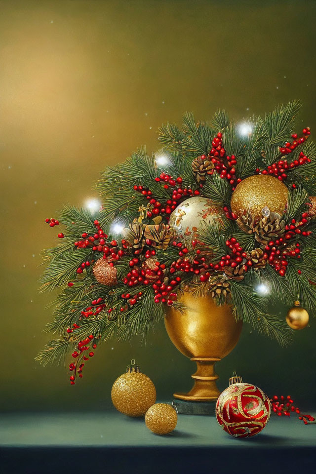 Festive golden vase with evergreen branches and Christmas decor on gradient background