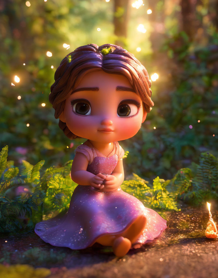 Young girl character in purple dress kneeling in forest with glowing particles.
