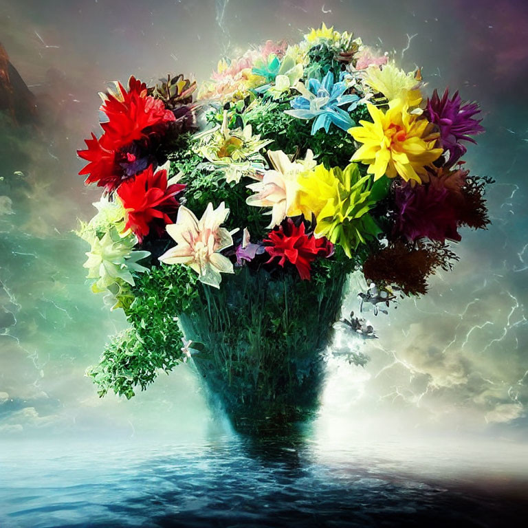 Colorful Flowers on Dramatic Sky with Lightning and Ethereal Lighting