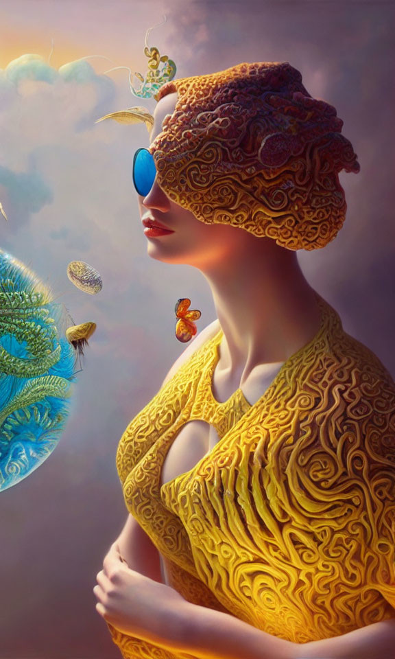 Surreal portrait of woman with blue monocle, textured skin, cloud headpiece, and butterfly