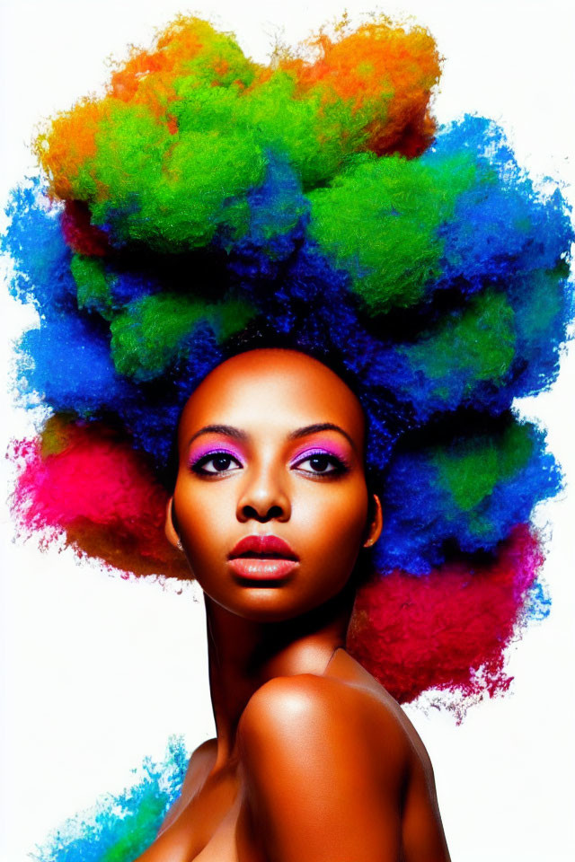 Portrait of woman with striking eyes and multicolored afro hairstyle
