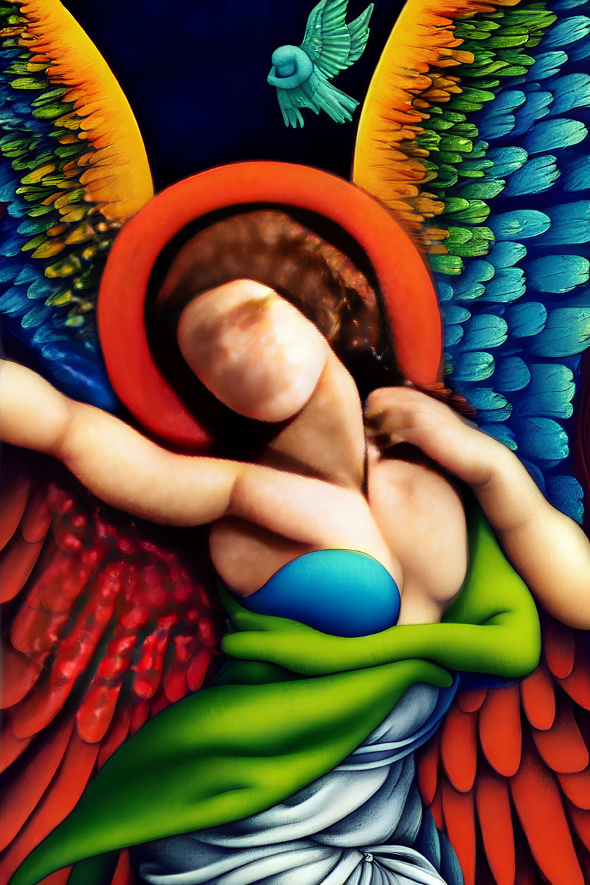 Colorful winged figure holding sphere with vibrant wings and blue bird.