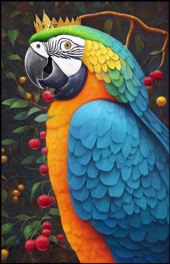Colorful Parrot with Crown Perched on Branch Amid Berries
