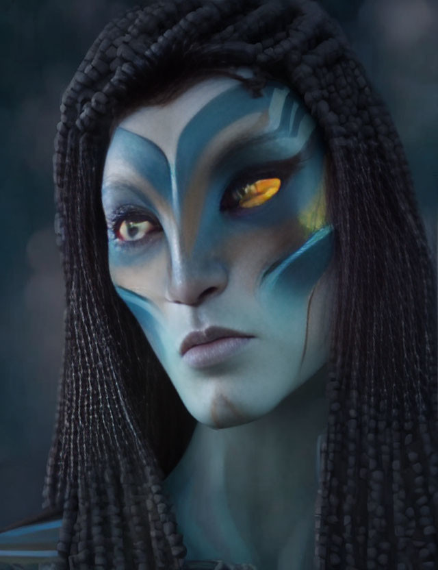 Blue-skinned female character with yellow eyes and tribal markings on dark background