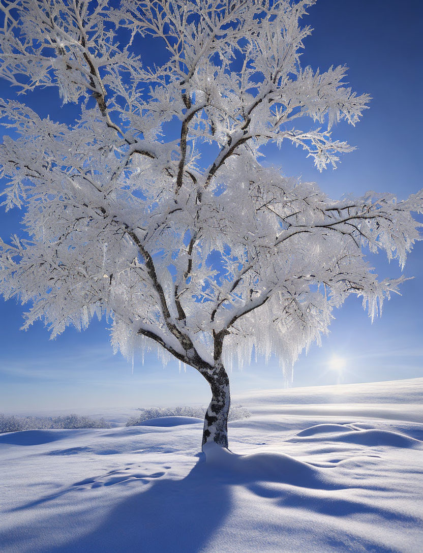 Snowy Landscape: Frost-Covered Tree and Long Shadows