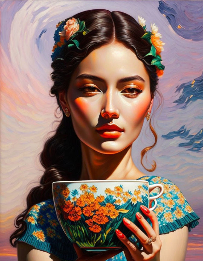 Portrait of woman with floral headband holding ornate cup in dreamlike setting