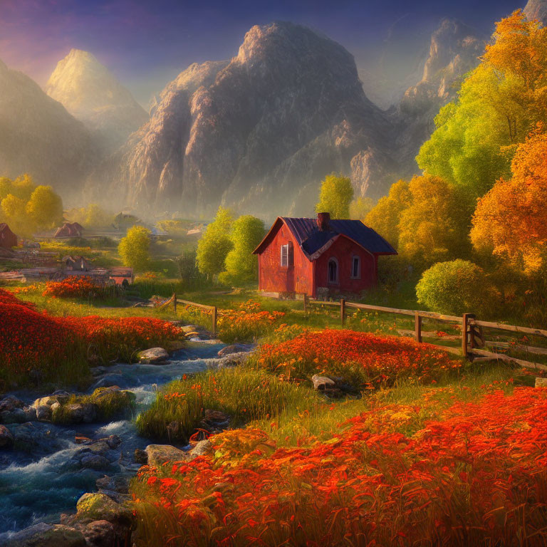 Red-roofed house by stream in autumn with misty mountains at sunrise or sunset