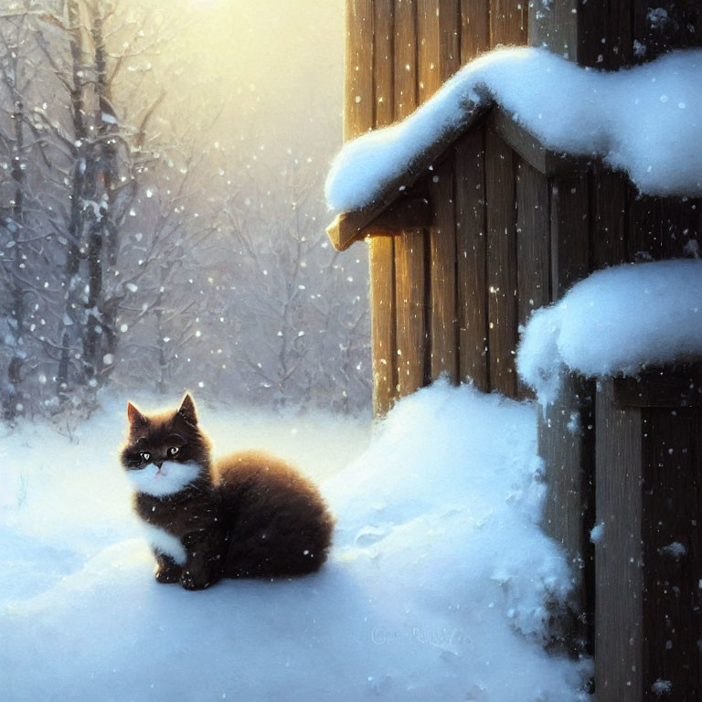 Brown and White Cat Sitting in Snow Next to Wooden Fence