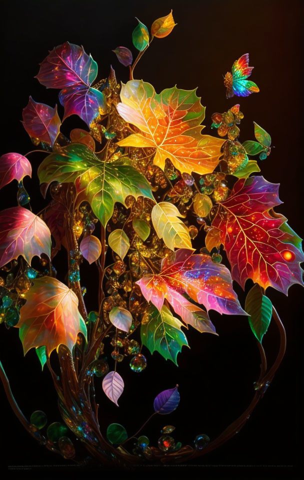 Colorful illustration of luminous tree with translucent leaves and iridescent bird.