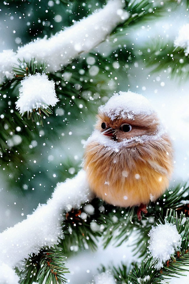 Fluffy bird on snow-covered pine branch with falling snowflakes