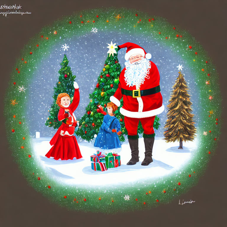 Santa Claus with boy and girl near Christmas trees and gifts in snow