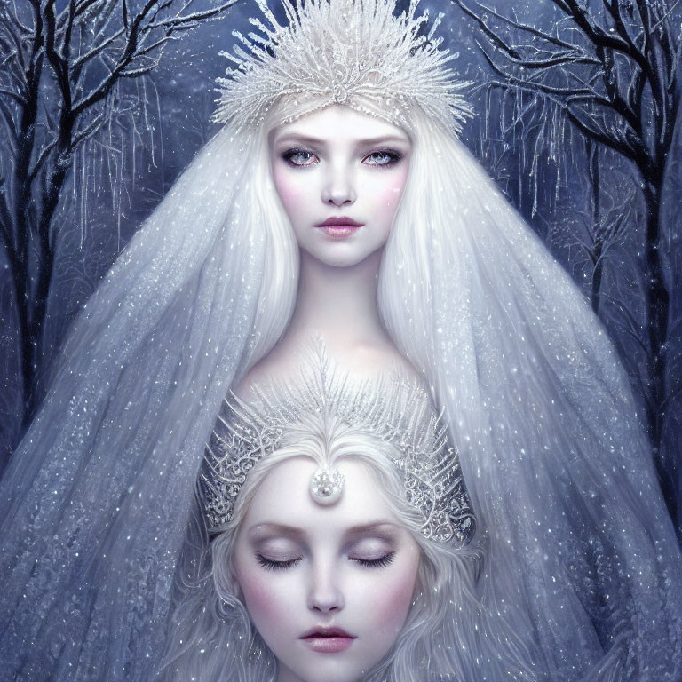 Ethereal women with ice crowns in snowy forest
