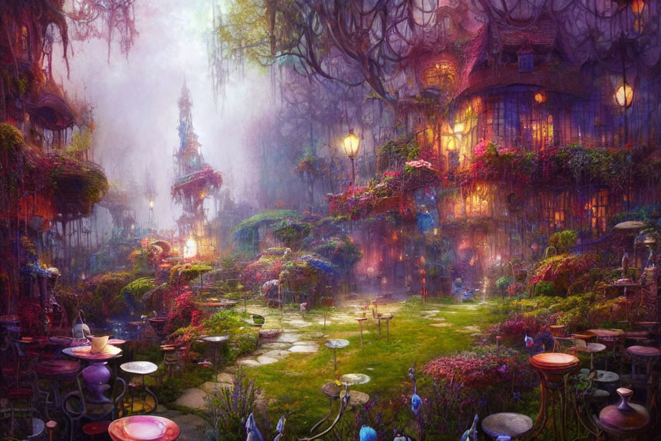 Colorful Fantasy Garden with Lush Foliage and Mushroom Structures