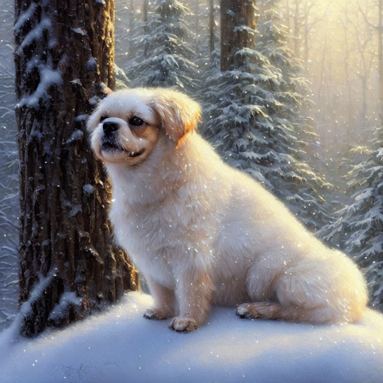Cream-colored dog in snow-covered forest with falling snowflakes