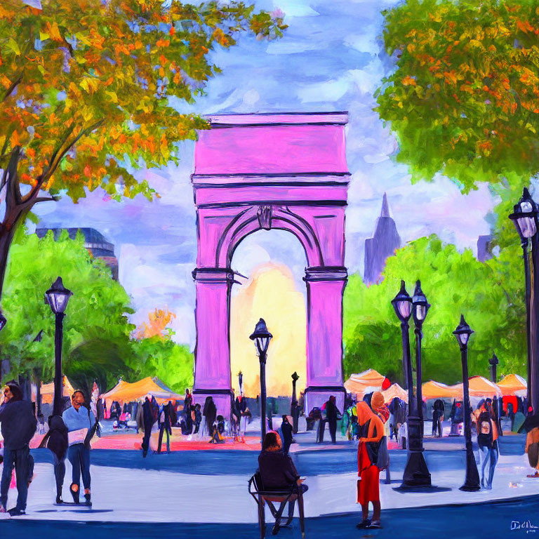 Colorful Park Scene with People, Arch, Trees, and Cityscape