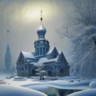 Snow-covered houses and gleaming star in magical winter scene
