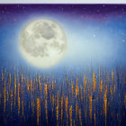Night Sky Canvas Painting with Full Moon and Cityscape Lights