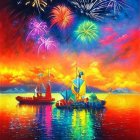 Colorful painting of ships, lighthouse, and fireworks over the sea