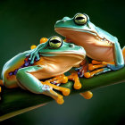 Three Vibrant Green Tree Frogs with Orange Feet and Red Eyes on Branch