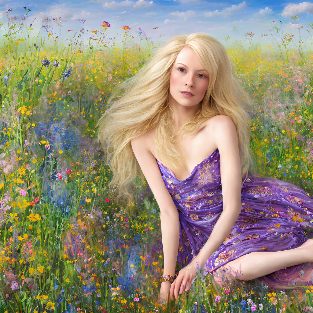 Blonde woman in purple dress surrounded by wildflowers and butterflies