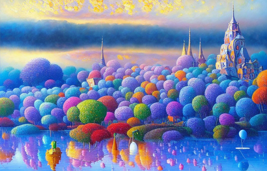 Colorful landscape painting with fluffy trees, reflective water, distant castle, and floating balloon