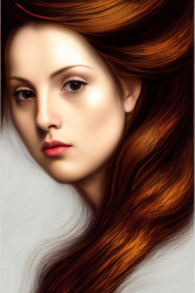 Striking auburn-haired woman with fair skin and red lips