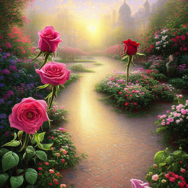 Lush Pink and Red Rose Garden Path to Enchanting Cityscape