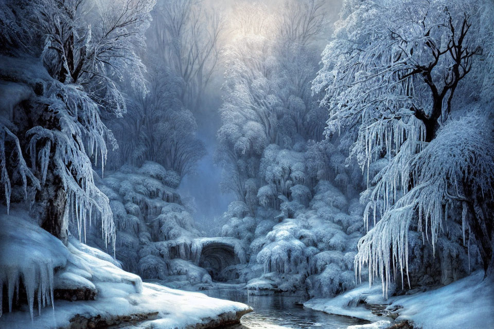 Snow-covered Trees, Icicles, and Frozen Stream in Winter Scene