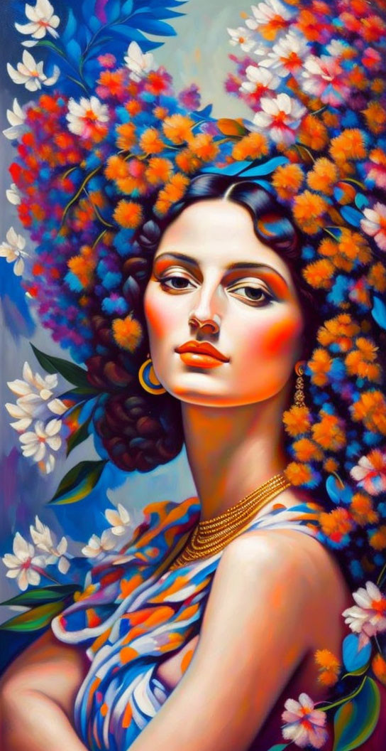 Colorful Painting of Woman with Flowers and Gold Jewelry on Floral Background