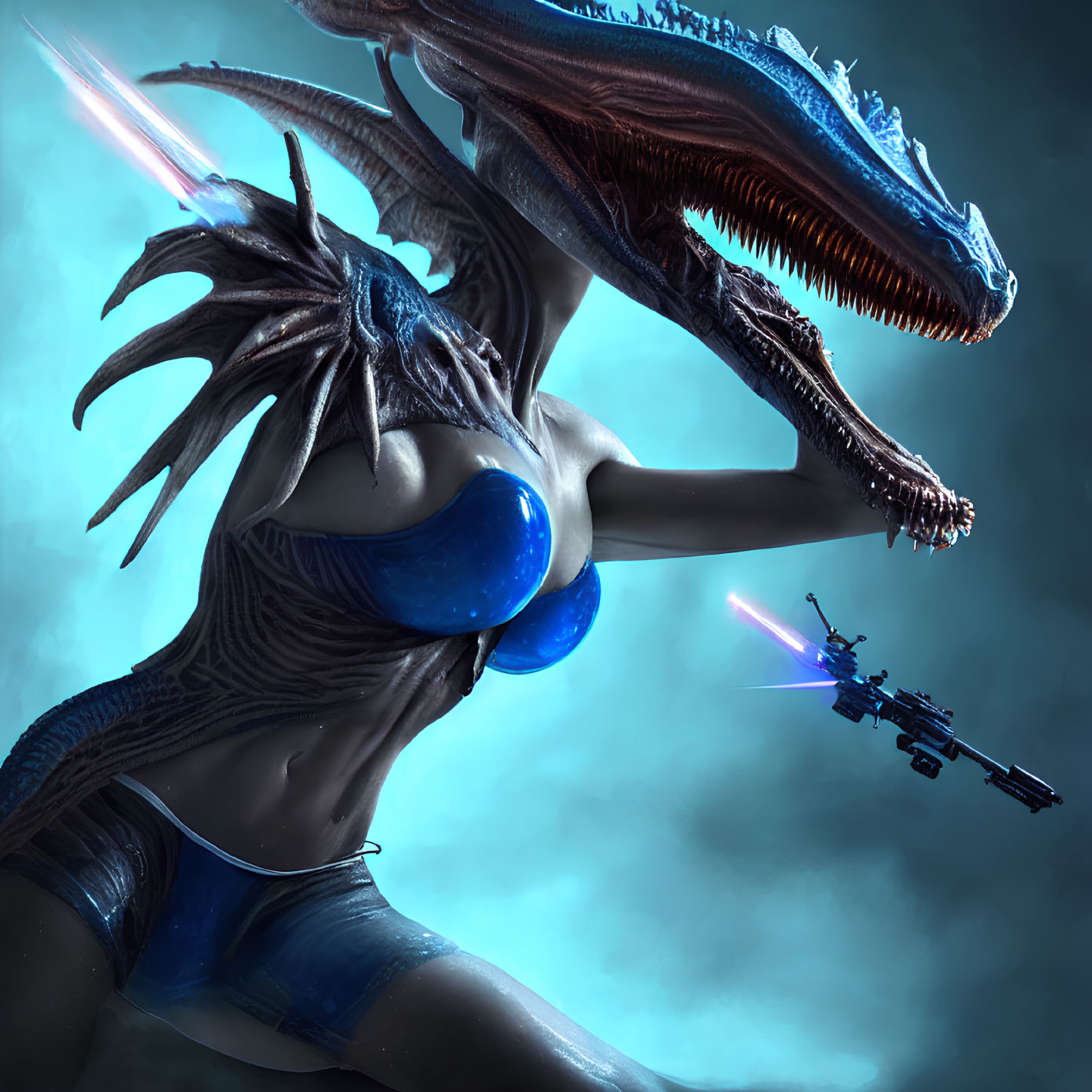 Futuristic warrior woman with dragon companion faces flying spacecraft in ethereal blue light