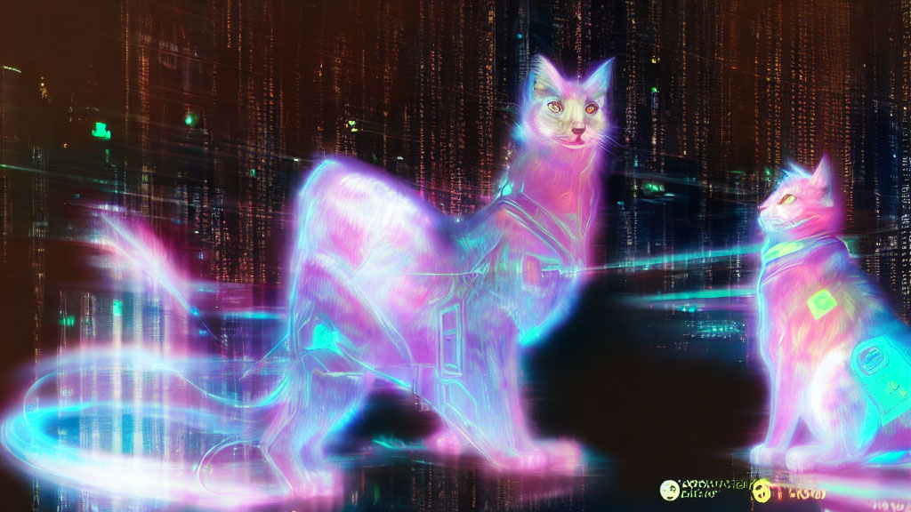 Neon-lit translucent cats with digital circuit patterns in cyber-city.
