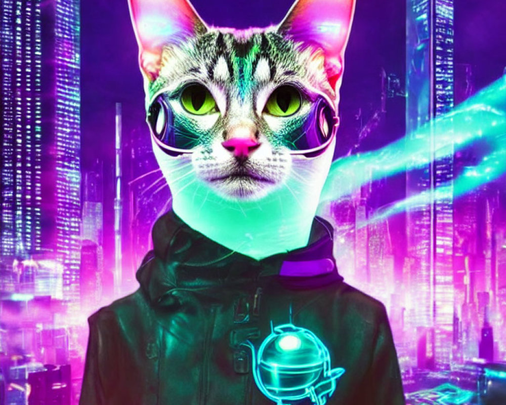 Cyberpunk-themed artwork: Cat head with robotic eyes on human body in neon-lit cityscape