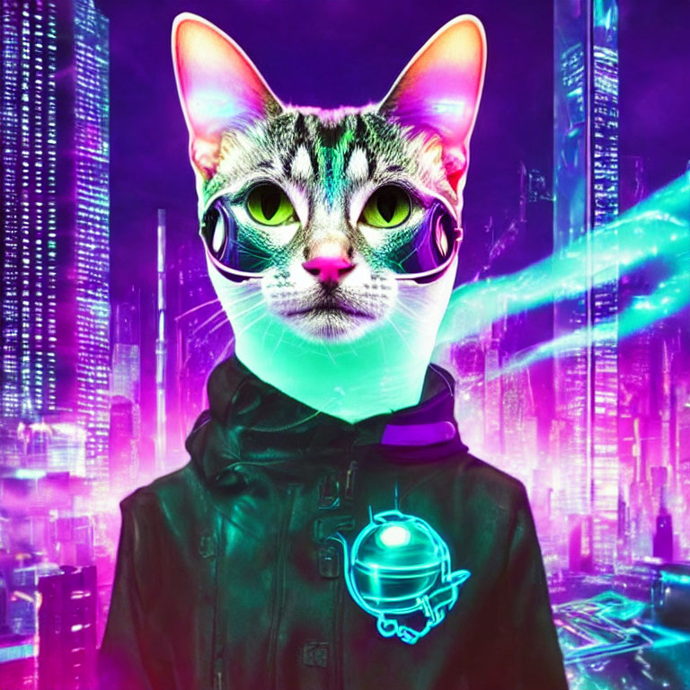 Cyberpunk-themed artwork: Cat head with robotic eyes on human body in neon-lit cityscape