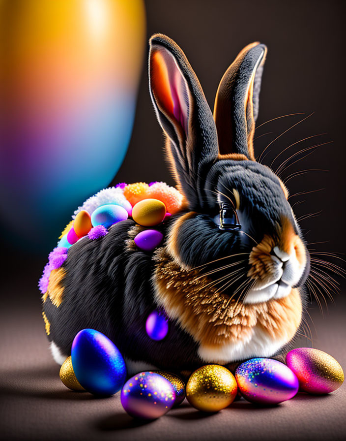 Vivid Easter-themed illustration with rabbit and decorated eggs