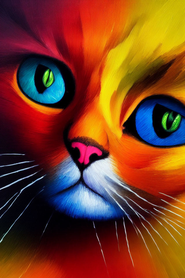 Vibrant Close-Up Cat Painting with Colorful Fur and Eyes