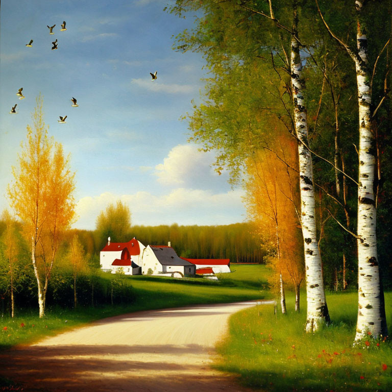 Rural landscape with white birch trees, dirt road, red-roofed farmhouse, and birds