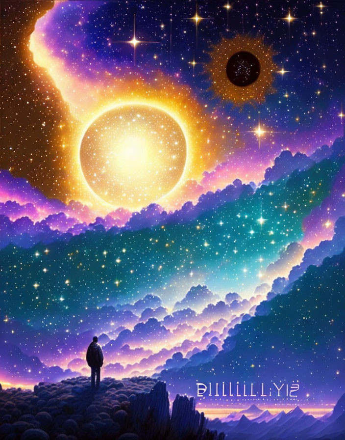 Person standing on cliff under vibrant night sky with stars, sun, moon, and cosmic backdrop