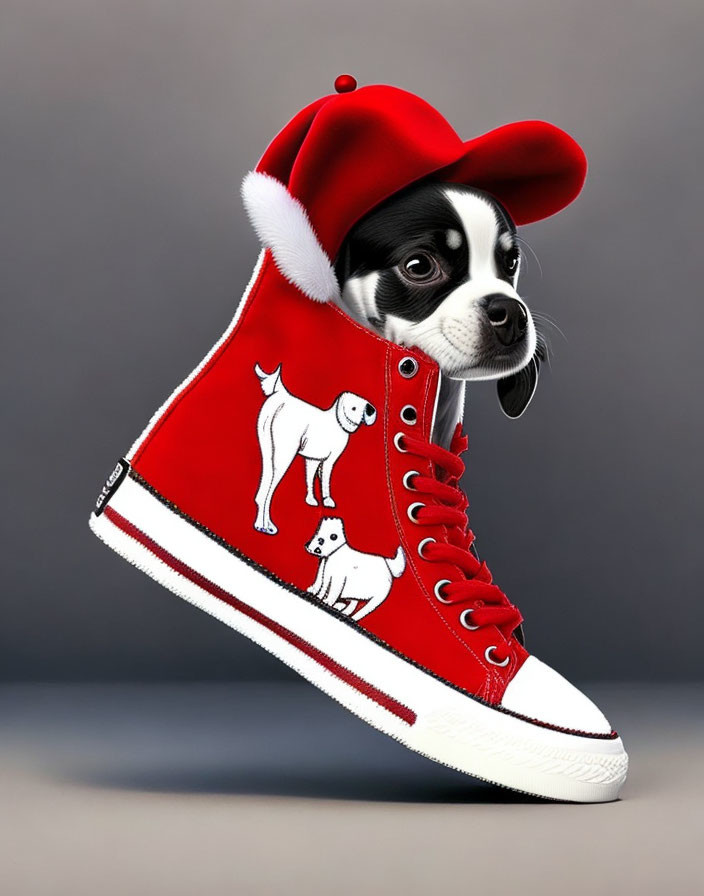 Black and White Puppy Head in Santa Hat Emerging from Red High-Top Sneaker