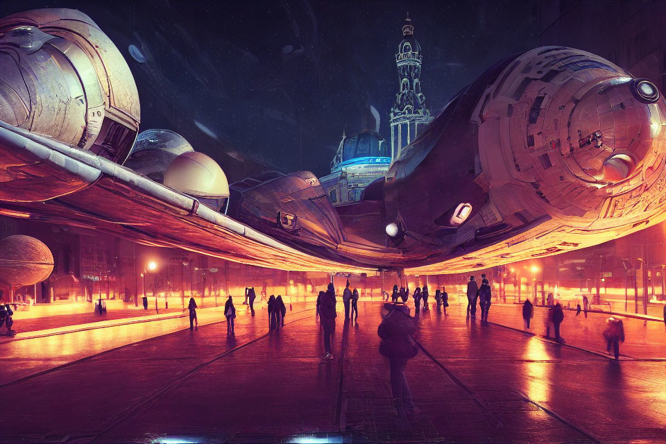 Futuristic night cityscape with spaceship and pedestrians