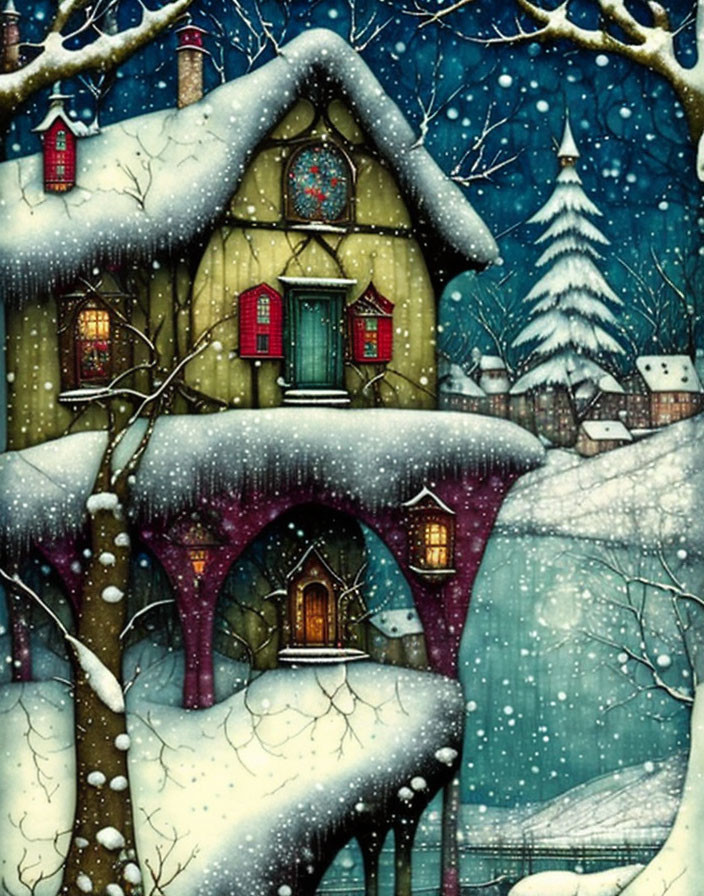 Snowy winter scene with whimsical cottage and lit windows