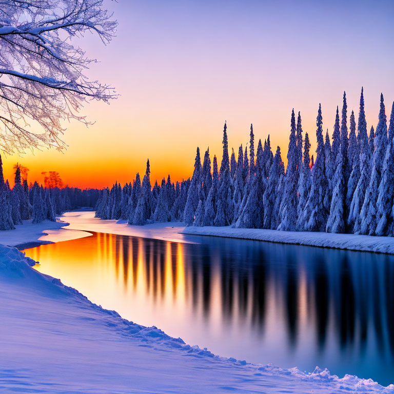 Snowy pines and winding river under vibrant sunset sky in serene winter scene