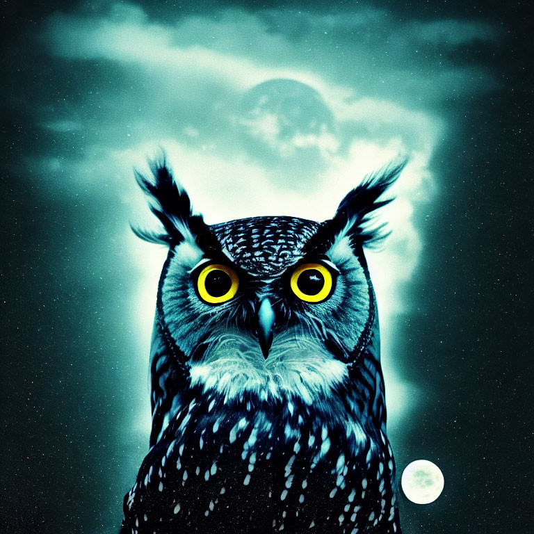 Intense owl with yellow eyes under night sky with full moon and stars