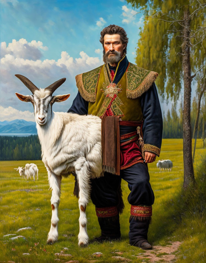 Regal man in traditional attire with white goat in serene landscape