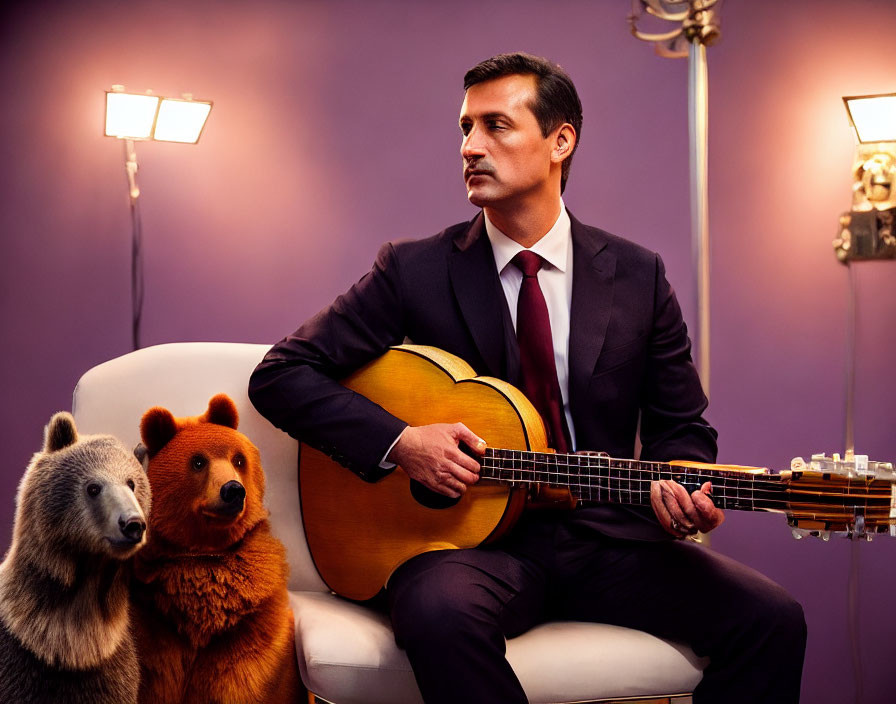 Man in suit with guitar next to realistic bear figures under warm lights on purple background