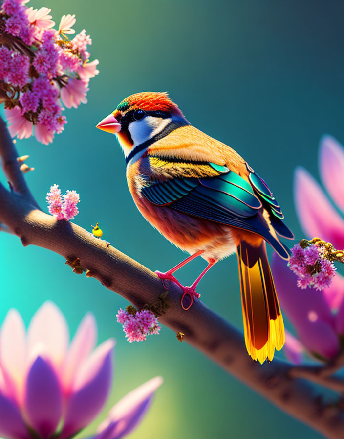 Colorful stylized bird perched among pink blossoms on teal background