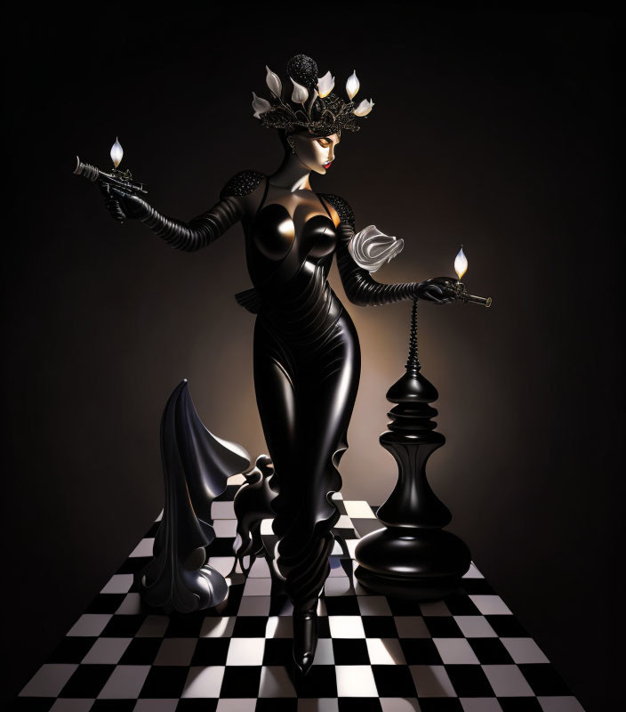 Stylized female figure in black outfit on chessboard with flames, chess piece, and bird.